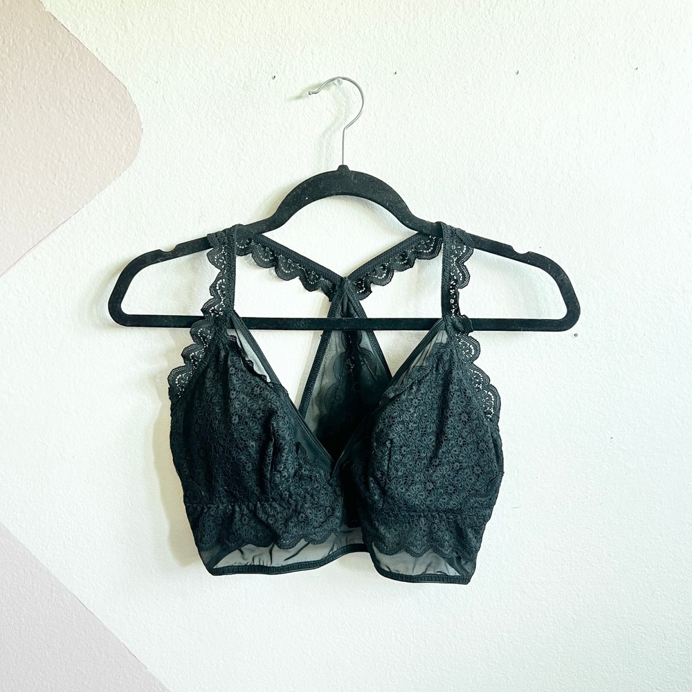AERIE Black Lace Bralette Mesh Soft Comfort Wireless Padded Racerback Large